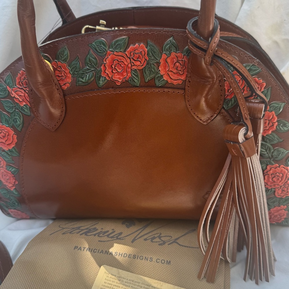 Patricia Nash Leather Angelini Top Handle Crossbody Tan with Tooled Floral - Picture 3 of 11